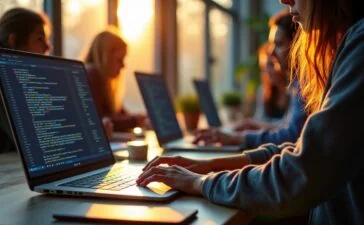 Ein hell erleuchteter, moderner Arbeitsplatz mit offenem Laptop, auf dessen Bildschirm lebendige Codezeilen und Framework-Symbole zu sehen sind, während eine vielseitige Gruppe von konzentrierten Entwickler*innen in warmer, natürlicher Tageslichtatmosphäre bei kreativer Zusammenarbeit neue Webprojekte plant.