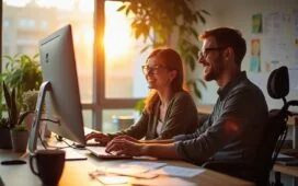 Ein hell erleuchteter, moderner Arbeitsplatz mit einem lachenden UX-Designer, der gemeinsam mit einer Person im Rollstuhl konzentriert an einem Bildschirm sitzt, umgeben von Notizen und Skizzen zum barrierefreien Design, strahlend warmes Tageslicht durchflutet den Raum und vermittelt eine einladende, inklusive Atmosphäre.