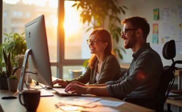 Ein hell erleuchteter, moderner Arbeitsplatz mit einem lachenden UX-Designer, der gemeinsam mit einer Person im Rollstuhl konzentriert an einem Bildschirm sitzt, umgeben von Notizen und Skizzen zum barrierefreien Design, strahlend warmes Tageslicht durchflutet den Raum und vermittelt eine einladende, inklusive Atmosphäre.