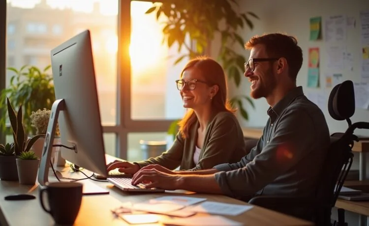 Ein hell erleuchteter, moderner Arbeitsplatz mit einem lachenden UX-Designer, der gemeinsam mit einer Person im Rollstuhl konzentriert an einem Bildschirm sitzt, umgeben von Notizen und Skizzen zum barrierefreien Design, strahlend warmes Tageslicht durchflutet den Raum und vermittelt eine einladende, inklusive Atmosphäre.