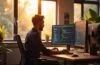 In einem hell erleuchteten, modernen Büro sitzt ein konzentrierter Softwareentwickler vor mehreren Monitoren mit offenem Visual Studio Code, während warme Sonnenstrahlen durchs Fenster fallen und eine Atmosphäre von Klarheit und Verantwortung vermitteln.