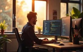 In einem hell erleuchteten, modernen Büro sitzt ein konzentrierter Softwareentwickler vor mehreren Monitoren mit offenem Visual Studio Code, während warme Sonnenstrahlen durchs Fenster fallen und eine Atmosphäre von Klarheit und Verantwortung vermitteln.
