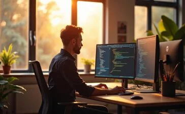 In einem hell erleuchteten, modernen Büro sitzt ein konzentrierter Softwareentwickler vor mehreren Monitoren mit offenem Visual Studio Code, während warme Sonnenstrahlen durchs Fenster fallen und eine Atmosphäre von Klarheit und Verantwortung vermitteln.