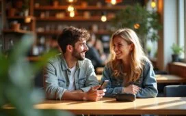 Ein hell ausgeleuchtetes, modernes Café mit einem freundlichen jungen Paar, das mit lächelnden Gesichtern an einem Tisch sitzt, auf dem ein Smartphone und eine kontaktlose Zahlungsvorrichtung liegen, während im Hintergrund natürliches Tageslicht warme Holztöne und lebendige urbane Details sanft betont.