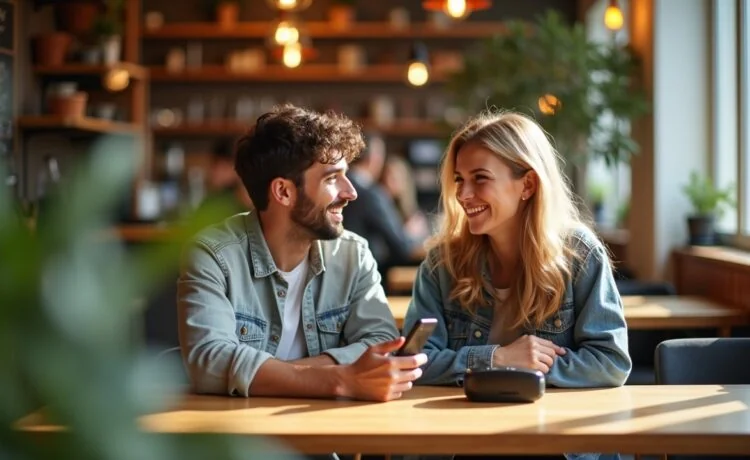 Ein hell ausgeleuchtetes, modernes Café mit einem freundlichen jungen Paar, das mit lächelnden Gesichtern an einem Tisch sitzt, auf dem ein Smartphone und eine kontaktlose Zahlungsvorrichtung liegen, während im Hintergrund natürliches Tageslicht warme Holztöne und lebendige urbane Details sanft betont.