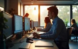 Eine helle, klar strukturierte Büroszene mit einem interdisziplinären Team aus IT- und Datenexperten, die konzentriert an großen Bildschirmen arbeiten, umgeben von warmem Tageslicht und modernen technischen Geräten, das durch natürliche Details die essenzielle Rolle von sorgfältigem Datenmanagement als Grundlage für erfolgreiche KI-Anwendungen vermittelt.