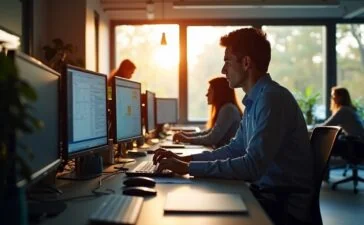 Eine helle, klar strukturierte Büroszene mit einem interdisziplinären Team aus IT- und Datenexperten, die konzentriert an großen Bildschirmen arbeiten, umgeben von warmem Tageslicht und modernen technischen Geräten, das durch natürliche Details die essenzielle Rolle von sorgfältigem Datenmanagement als Grundlage für erfolgreiche KI-Anwendungen vermittelt.