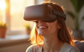 Ein strahlend hell ausgeleuchtetes, realistisch detailreiches Porträt einer jungen Person, die entspannt ein modernes, ergonomisch gestaltetes VR-Headset trägt, umgeben von warmem Tageslicht und einer einladenden, wohnlichen Umgebung, die mit sanften Farben und sanftem Lächeln die harmonische Verbindung von technologischer Innovation und komfortabler Nutzung eindrucksvoll einfängt.