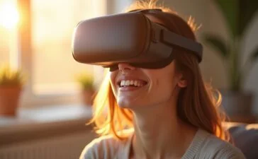 Ein strahlend hell ausgeleuchtetes, realistisch detailreiches Porträt einer jungen Person, die entspannt ein modernes, ergonomisch gestaltetes VR-Headset trägt, umgeben von warmem Tageslicht und einer einladenden, wohnlichen Umgebung, die mit sanften Farben und sanftem Lächeln die harmonische Verbindung von technologischer Innovation und komfortabler Nutzung eindrucksvoll einfängt.