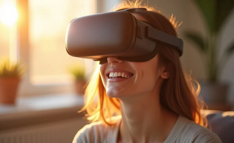 Ein strahlend hell ausgeleuchtetes, realistisch detailreiches Porträt einer jungen Person, die entspannt ein modernes, ergonomisch gestaltetes VR-Headset trägt, umgeben von warmem Tageslicht und einer einladenden, wohnlichen Umgebung, die mit sanften Farben und sanftem Lächeln die harmonische Verbindung von technologischer Innovation und komfortabler Nutzung eindrucksvoll einfängt.