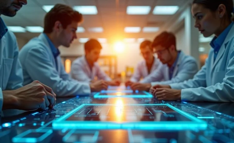 Ein sonnendurchflutetes, modernes Labor mit konzentrierten Ingenieuren unterschiedlicher Herkunft, die in warmem Tageslicht innovative KI-Chips auf High-Tech-Leiterplatten prüfen, während im Hintergrund schemenhaft fortschrittliche Rechenzentren und digitale Schaltkreise eine Zukunft voller technologischer Möglichkeiten und globaler Zusammenarbeit symbolisieren.