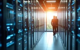 Ein lichtdurchflutetes, modernes Rechenzentrum mit sorgfältig angeordneten, glänzenden Serverreihen und besonnen arbeitenden Technikern, die entspannt bei natürlichem Tageslicht innovative Prozessoren inspizieren und so die Verbindung von Hightech-Leistung und nachhaltigem Energiemanagement eindrucksvoll verkörpern.