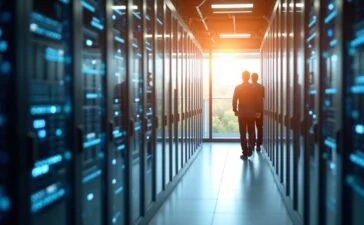 Ein lichtdurchflutetes, modernes Rechenzentrum mit sorgfältig angeordneten, glänzenden Serverreihen und besonnen arbeitenden Technikern, die entspannt bei natürlichem Tageslicht innovative Prozessoren inspizieren und so die Verbindung von Hightech-Leistung und nachhaltigem Energiemanagement eindrucksvoll verkörpern.