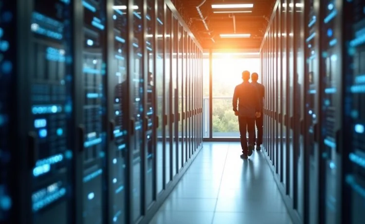 Ein lichtdurchflutetes, modernes Rechenzentrum mit sorgfältig angeordneten, glänzenden Serverreihen und besonnen arbeitenden Technikern, die entspannt bei natürlichem Tageslicht innovative Prozessoren inspizieren und so die Verbindung von Hightech-Leistung und nachhaltigem Energiemanagement eindrucksvoll verkörpern.