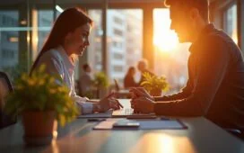 Ein stimmungsvoll beleuchtetes, modernes Büro mit warmem Tageslicht, in dem junge Fachleute begeistert an digitalen Finanztools und Echtzeitüberweisungen arbeiten – Symbol für die innovative Zukunft des Zahlungsverkehrs.