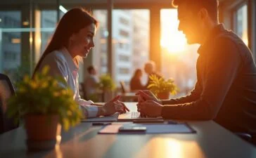 Ein stimmungsvoll beleuchtetes, modernes Büro mit warmem Tageslicht, in dem junge Fachleute begeistert an digitalen Finanztools und Echtzeitüberweisungen arbeiten – Symbol für die innovative Zukunft des Zahlungsverkehrs.