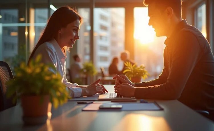 Ein stimmungsvoll beleuchtetes, modernes Büro mit warmem Tageslicht, in dem junge Fachleute begeistert an digitalen Finanztools und Echtzeitüberweisungen arbeiten – Symbol für die innovative Zukunft des Zahlungsverkehrs.