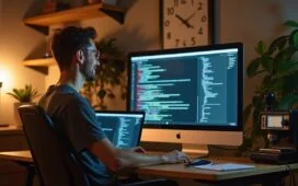 Ein warm beleuchtetes, lichtdurchflutetes Büro mit einem lächelnden Webentwickler vor einem minimalistischen Bildschirm voller klar strukturierter Codezeilen, umgeben von Retro-Elementen wie einer alten Tastatur und einem schlichten Plantendekor, das die Harmonie zwischen moderner Effizienz und nostalgischem Webdesign symbolisiert.