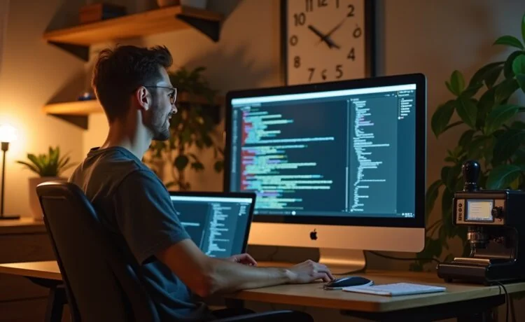 Ein warm beleuchtetes, lichtdurchflutetes Büro mit einem lächelnden Webentwickler vor einem minimalistischen Bildschirm voller klar strukturierter Codezeilen, umgeben von Retro-Elementen wie einer alten Tastatur und einem schlichten Plantendekor, das die Harmonie zwischen moderner Effizienz und nostalgischem Webdesign symbolisiert.