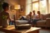 In einem hell erleuchteten, modernen Wohnzimmer sitzt entspannt eine Familie zusammen, während im Vordergrund ein stilvoller, futuristischer WLAN-Router in natürlichem Licht die zentrale Rolle spielt und so die harmonische Verbindung von smarter Technologie und sicherem, digitalem Alltag vermittelt.