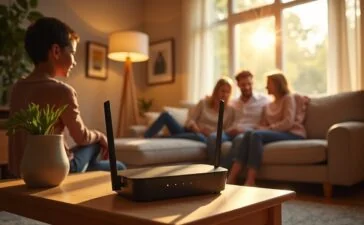 In einem hell erleuchteten, modernen Wohnzimmer sitzt entspannt eine Familie zusammen, während im Vordergrund ein stilvoller, futuristischer WLAN-Router in natürlichem Licht die zentrale Rolle spielt und so die harmonische Verbindung von smarter Technologie und sicherem, digitalem Alltag vermittelt.