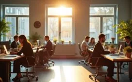 Ein modernes Großraumbüro mit mehreren freundlichen Fachkräften, die an hellen Schreibtischen mit digitalen Geräten und Screens arbeiten, von natürlichem Sonnenlicht durchflutet und umgeben von minimalistischer, warmer Holz- und Pflanzen-Dekoration, die eine zukunftsorientierte, vernetzte B2B-E-Commerce-Welt voller Innovation und Teamgeist lebendig spürbar macht.