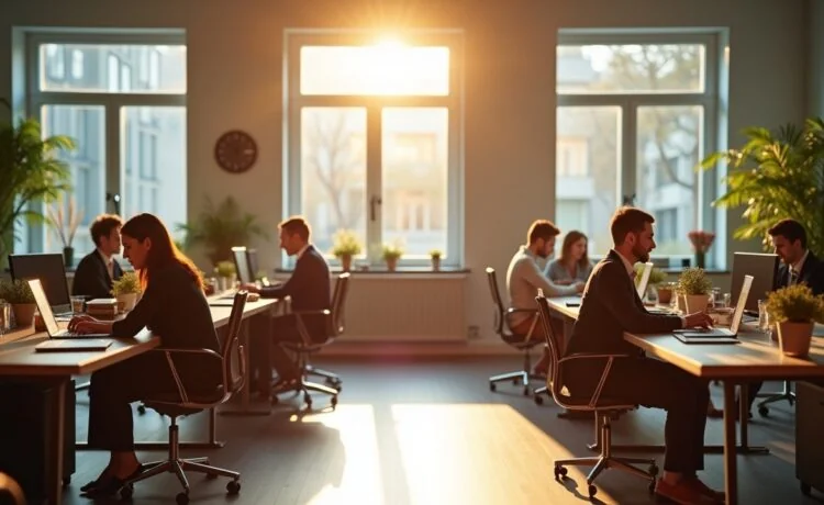 Ein modernes Großraumbüro mit mehreren freundlichen Fachkräften, die an hellen Schreibtischen mit digitalen Geräten und Screens arbeiten, von natürlichem Sonnenlicht durchflutet und umgeben von minimalistischer, warmer Holz- und Pflanzen-Dekoration, die eine zukunftsorientierte, vernetzte B2B-E-Commerce-Welt voller Innovation und Teamgeist lebendig spürbar macht.