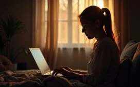 Eine helle, einfühlsame Aufnahme einer entspannten Person, die mit warmem Tageslicht sanft vom Laptop aufsieht, während im Hintergrund unscharf moderne Technik-Elemente subtil Privatsphäre und digitale Vernetzung symbolisieren.