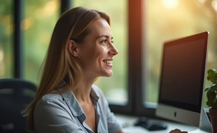 Eine helle, natürliche Büroszene mit einer freundlichen Mitarbeiterin, die lächelnd in einen Bildschirm blickt, während sanftes Tageslicht durch große Fenster fällt und ein modernes, warmes Ambiente für innovative, empathische KI-gestützte Kundenbetreuung schafft.