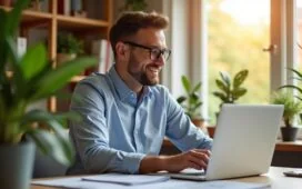 Ein sonnendurchflutetes Büro mit einem lächelnden Finanzexperten, der konzentriert auf einem modernen Laptop Datenanalysen betrachtet, während warme Holztöne und natürliche Pflanzen den Raum einladend und vertrauensvoll wirken lassen.