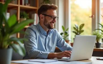 Ein sonnendurchflutetes Büro mit einem lächelnden Finanzexperten, der konzentriert auf einem modernen Laptop Datenanalysen betrachtet, während warme Holztöne und natürliche Pflanzen den Raum einladend und vertrauensvoll wirken lassen.