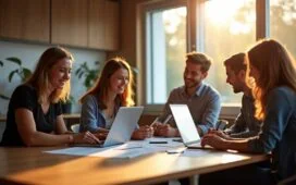 Ein lebendig strahlendes Team von Entwicklerinnen und Entwicklern sitzt bei natürlichem Tageslicht konzentriert und lächelnd an ihren modernen Laptops in einem hellen, freundlichen Büro mit warmen Holztönen und großen Fenstern, während kreative Skizzen und Code auf Tablets die spannende Dynamik der Transformation durch .NET 10 symbolisieren.