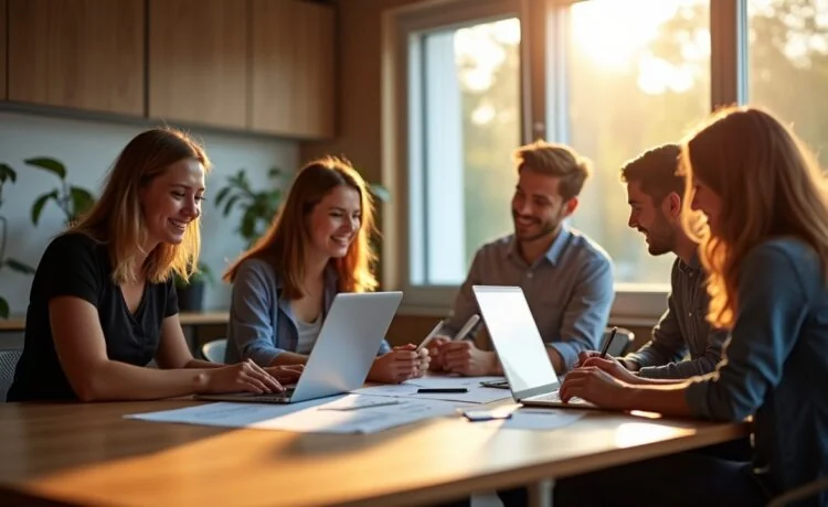 Ein lebendig strahlendes Team von Entwicklerinnen und Entwicklern sitzt bei natürlichem Tageslicht konzentriert und lächelnd an ihren modernen Laptops in einem hellen, freundlichen Büro mit warmen Holztönen und großen Fenstern, während kreative Skizzen und Code auf Tablets die spannende Dynamik der Transformation durch .NET 10 symbolisieren.