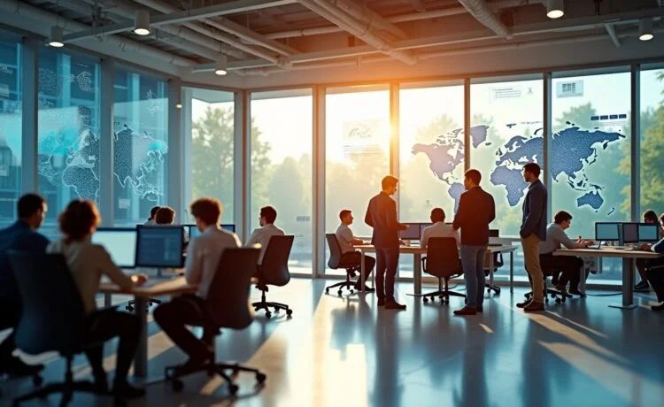 Eine sonnendurchflutete moderne Forschungsumgebung mit einem vielfältigen Team aus Fachleuten, die konzentriert und harmonisch an digitalen Geräten und großen Bildschirmen arbeiten, umgeben von Satellitenmodellen und transparenter Infografik auf Glasflächen, wobei warme Tageslichtstrahlen eine inspirierende, kollaborative Atmosphäre schaffen.