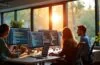 Ein sonnendurchflutetes, modernes Büro mit mehreren Entwickler:innen lebhaft im Austausch vor großen Bildschirmen, die Code und Netzwerkgrafiken zeigen – warmes Licht, natürliche Farben und eine einladende Atmosphäre voller Inspiration und Gemeinschaft.