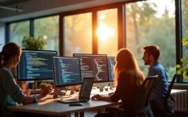 Ein sonnendurchflutetes, modernes Büro mit mehreren Entwickler:innen lebhaft im Austausch vor großen Bildschirmen, die Code und Netzwerkgrafiken zeigen – warmes Licht, natürliche Farben und eine einladende Atmosphäre voller Inspiration und Gemeinschaft.