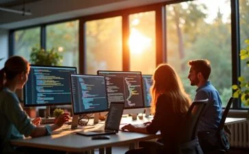 Ein sonnendurchflutetes, modernes Büro mit mehreren Entwickler:innen lebhaft im Austausch vor großen Bildschirmen, die Code und Netzwerkgrafiken zeigen – warmes Licht, natürliche Farben und eine einladende Atmosphäre voller Inspiration und Gemeinschaft.