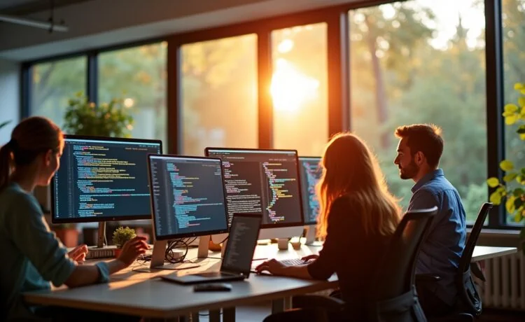 Ein sonnendurchflutetes, modernes Büro mit mehreren Entwickler:innen lebhaft im Austausch vor großen Bildschirmen, die Code und Netzwerkgrafiken zeigen – warmes Licht, natürliche Farben und eine einladende Atmosphäre voller Inspiration und Gemeinschaft.