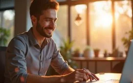 Ein warmes, lichtdurchflutetes Büroambiente zeigt einen einfühlsamen UX-Designer, der konzentriert mit einem modernen Tablet und KI-gestützter Software arbeitet, während natürliche Sonnenstrahlen durch große Fenster auf sein freundliches Gesicht fallen und die harmonische Symbiose von Mensch und Technologie in der digitalen Zukunft einfangen.