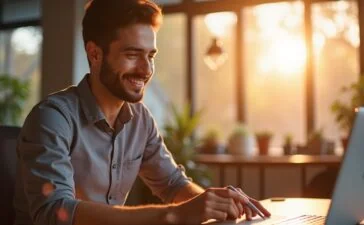 Ein warmes, lichtdurchflutetes Büroambiente zeigt einen einfühlsamen UX-Designer, der konzentriert mit einem modernen Tablet und KI-gestützter Software arbeitet, während natürliche Sonnenstrahlen durch große Fenster auf sein freundliches Gesicht fallen und die harmonische Symbiose von Mensch und Technologie in der digitalen Zukunft einfangen.