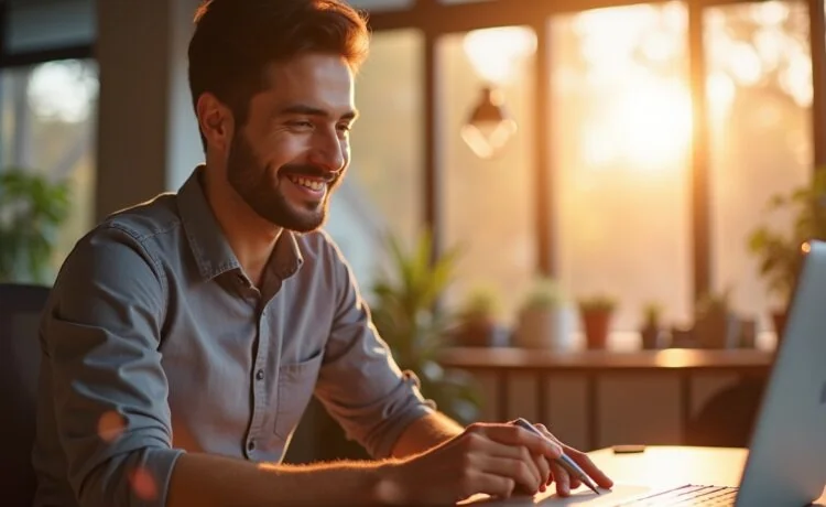 Ein warmes, lichtdurchflutetes Büroambiente zeigt einen einfühlsamen UX-Designer, der konzentriert mit einem modernen Tablet und KI-gestützter Software arbeitet, während natürliche Sonnenstrahlen durch große Fenster auf sein freundliches Gesicht fallen und die harmonische Symbiose von Mensch und Technologie in der digitalen Zukunft einfangen.