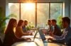 Ein sonnendurchflutetes, modernes Büro mit motivierten Marketing-Profis, die konzentriert an Laptops und Tablets arbeiten, umgeben von grünen Pflanzen und nachhaltigen Materialien, während warme Tageslichtstrahlen auf lebendige Bildschirme voller Datenvisualisierungen und KI-basierter Analysen fallen – ein einladendes Sinnbild für die harmonische Verbindung von Technologie und Verantwortung im digitalen Marketing.