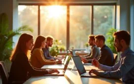 Ein sonnendurchflutetes, modernes Büro mit motivierten Marketing-Profis, die konzentriert an Laptops und Tablets arbeiten, umgeben von grünen Pflanzen und nachhaltigen Materialien, während warme Tageslichtstrahlen auf lebendige Bildschirme voller Datenvisualisierungen und KI-basierter Analysen fallen – ein einladendes Sinnbild für die harmonische Verbindung von Technologie und Verantwortung im digitalen Marketing.