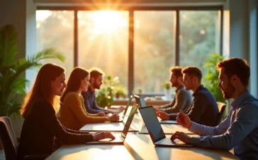 Ein sonnendurchflutetes, modernes Büro mit motivierten Marketing-Profis, die konzentriert an Laptops und Tablets arbeiten, umgeben von grünen Pflanzen und nachhaltigen Materialien, während warme Tageslichtstrahlen auf lebendige Bildschirme voller Datenvisualisierungen und KI-basierter Analysen fallen – ein einladendes Sinnbild für die harmonische Verbindung von Technologie und Verantwortung im digitalen Marketing.