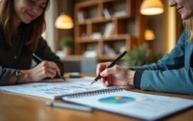 Ein warm und natürlich beleuchtetes Redaktionsbüro, in dem ein offenes Notebook mit komplexen Daten und digitalen Grafiken auf einem hellen Holztisch liegt, während zwei Personen in angeregtem, freundlichem Gespräch die Chancen und Herausforderungen einer internationalen Technologiezusammenarbeit diskutieren – die Szene strahlt Zuversicht und konzentrierte Zusammenarbeit aus.