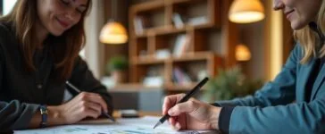 Ein warm und natürlich beleuchtetes Redaktionsbüro, in dem ein offenes Notebook mit komplexen Daten und digitalen Grafiken auf einem hellen Holztisch liegt, während zwei Personen in angeregtem, freundlichem Gespräch die Chancen und Herausforderungen einer internationalen Technologiezusammenarbeit diskutieren – die Szene strahlt Zuversicht und konzentrierte Zusammenarbeit aus.