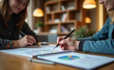 Ein warm und natürlich beleuchtetes Redaktionsbüro, in dem ein offenes Notebook mit komplexen Daten und digitalen Grafiken auf einem hellen Holztisch liegt, während zwei Personen in angeregtem, freundlichem Gespräch die Chancen und Herausforderungen einer internationalen Technologiezusammenarbeit diskutieren – die Szene strahlt Zuversicht und konzentrierte Zusammenarbeit aus.