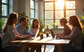 Ein hell erleuchtetes, modernes Büro mit lächelnden Fachleuten unterschiedlichen Alters, die konzentriert an Laptops und Tablets zusammenarbeiten, umgeben von natürlichen Pflanzen und warmem Tageslicht, das durch große Fenster fällt und eine Atmosphäre von Vertrauen, digitaler Selbstbestimmung und zukunftsweisender Zusammenarbeit schafft.