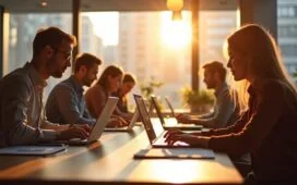 Ein helles, warm beleuchtetes Büro mit mehreren Personen europäischer Herkunft, die konzentriert an modernen Laptops arbeiten, während durch große Fenster sanftes Tageslicht strömt und eine Atmosphäre von Vertrauen, Zusammenarbeit und technologischer Souveränität ausstrahlt.