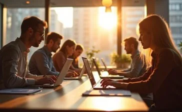 Ein helles, warm beleuchtetes Büro mit mehreren Personen europäischer Herkunft, die konzentriert an modernen Laptops arbeiten, während durch große Fenster sanftes Tageslicht strömt und eine Atmosphäre von Vertrauen, Zusammenarbeit und technologischer Souveränität ausstrahlt.